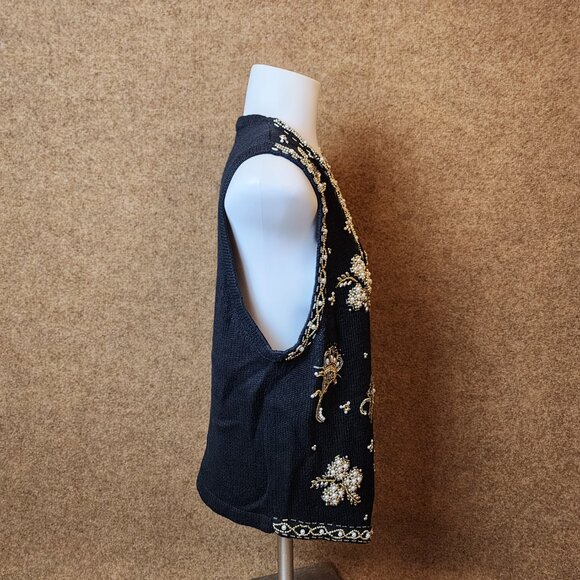 Vintage Yarn Works Women Sweater Vest Button Beaded Black Floral Sequined Small - Picture 2 of 11